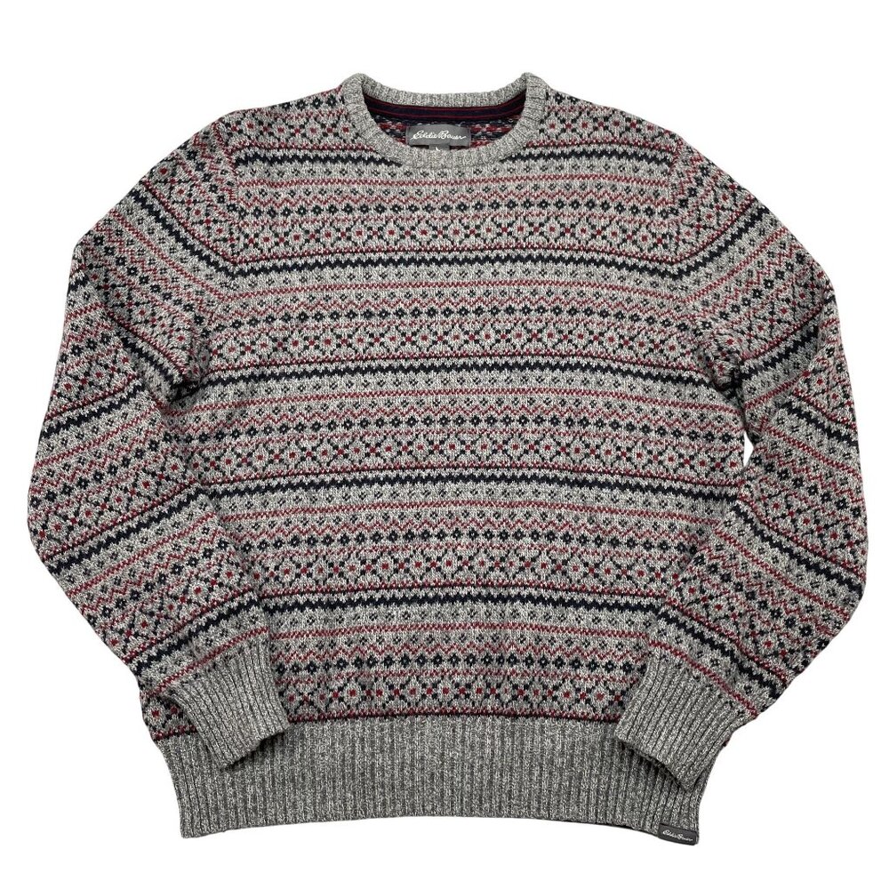 Eddie Bauer‎ Sweater Mens Large Grey Red Wool Blend Fair Isle Pullover